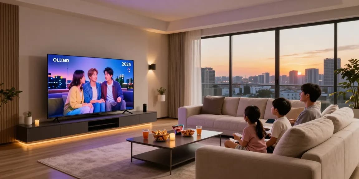 Family enjoying a movie night on a stunning OLED TV 2026 in a cozy living room setting.