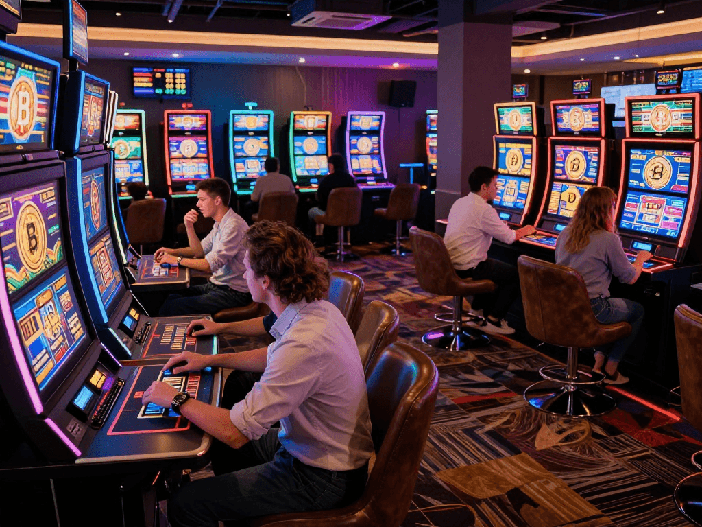 Exciting gaming moment at a crypto casino with players engaging in high-tech slot machines and vibrant atmosphere.