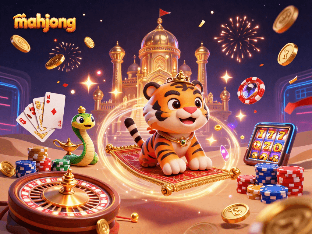 Experience mahjong excitement with a vibrant casino scene featuring colorful slots and gold coins.