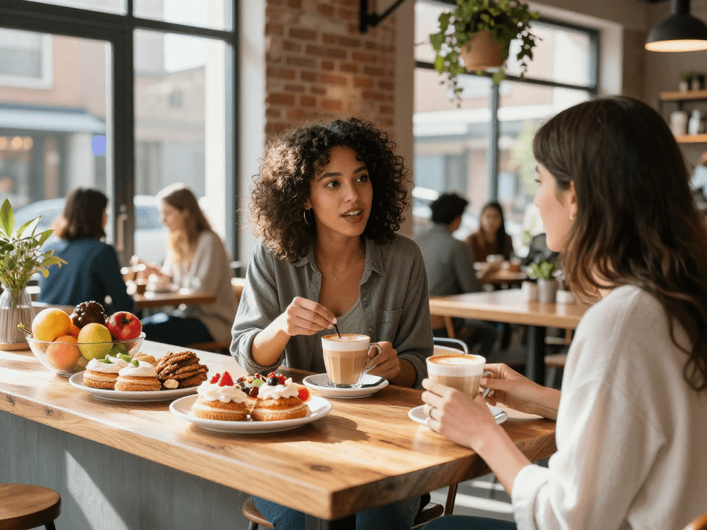 Engaged friends enjoying a spicy chat over coffee in an urban café.