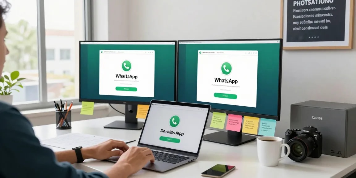 Downloading WhatsApp下載 on a laptop in a vibrant tech workspace, showcasing modern digital connection.