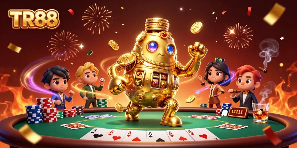 Engage with TR88's dynamic gameplay featuring a gold golem and vibrant casino elements.