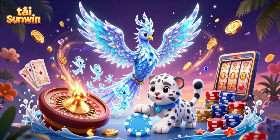 Experience exhilarating gameplay with tải sunwin, where an ice phoenix and snow leopard cub play amidst casino treasures.