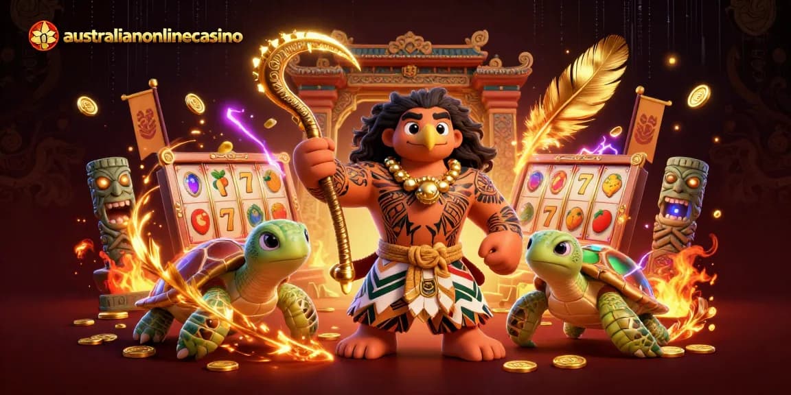AustralianOnlineCasino showcases a vibrant 3D illustration of a demigod hawk and turtle amid slot reels and glowing tiki statues.