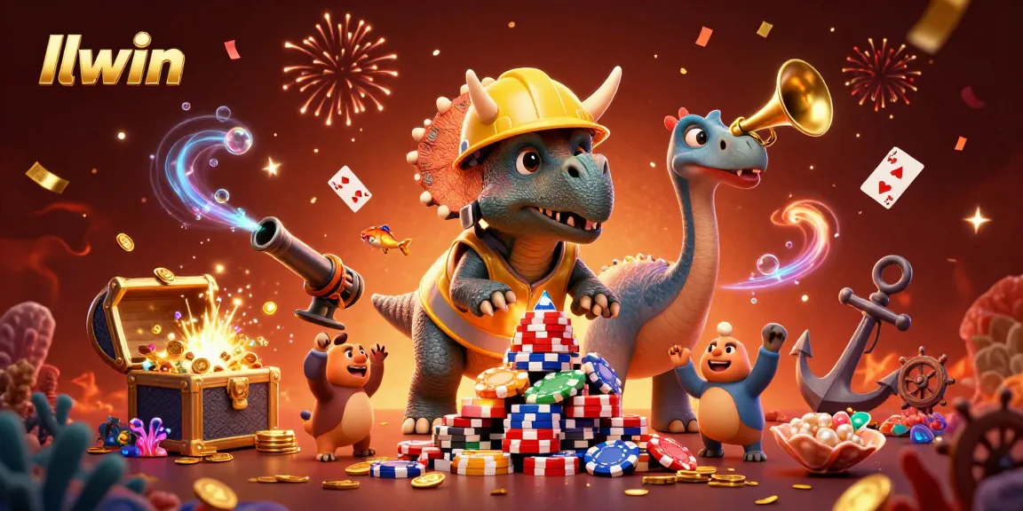 llwin triceratops builds poker chip pyramid with vibrant underwater elements in a lively casino scene