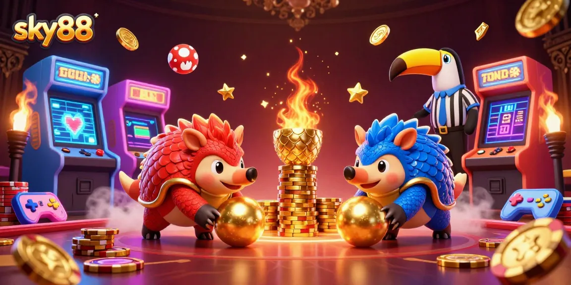 Experience thrilling gaming action with sky88 in this vibrant 3D animated casino scene.