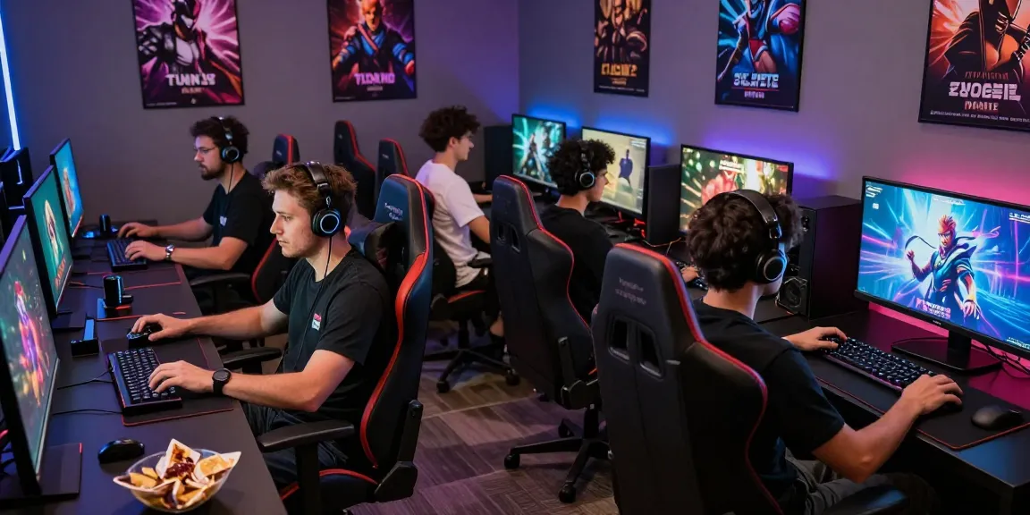 Engaged gamers playing free porn games in a vibrant gaming room with multiple devices, showcasing a fun atmosphere.