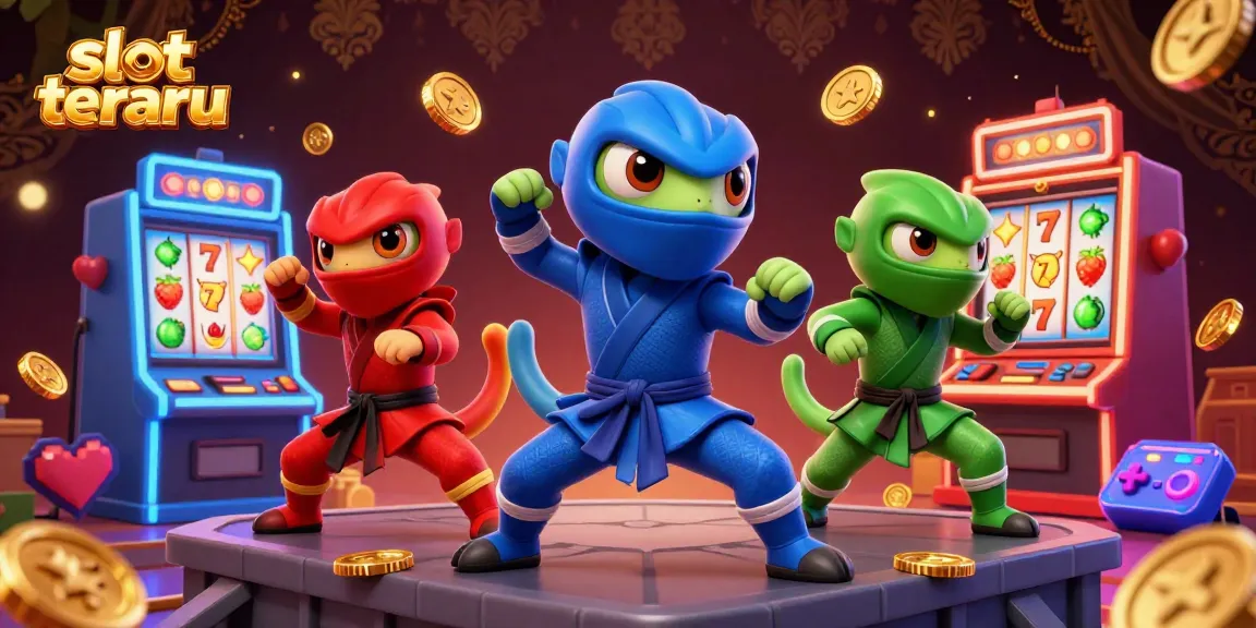 Experience the excitement of slot terbaru with ninja chameleons amidst vibrant casino elements and glowing slot machines.