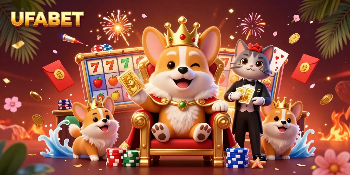 Play exciting slots at UFABET featuring a royal corgi throne and vibrant casino elements.