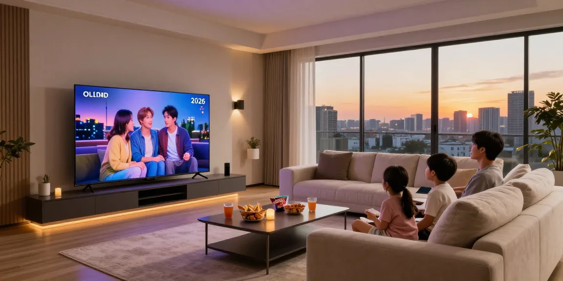 Family enjoying a movie night on a stunning OLED TV 2026 in a cozy living room setting.