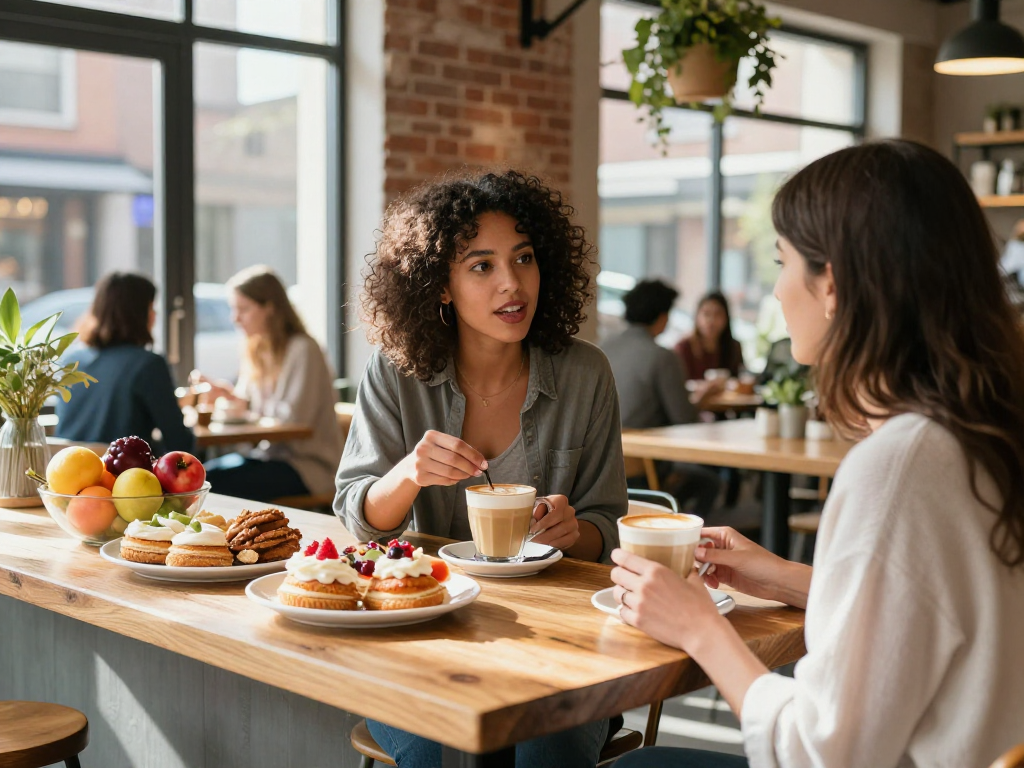 Engaged friends enjoying a spicy chat over coffee in an urban café.
