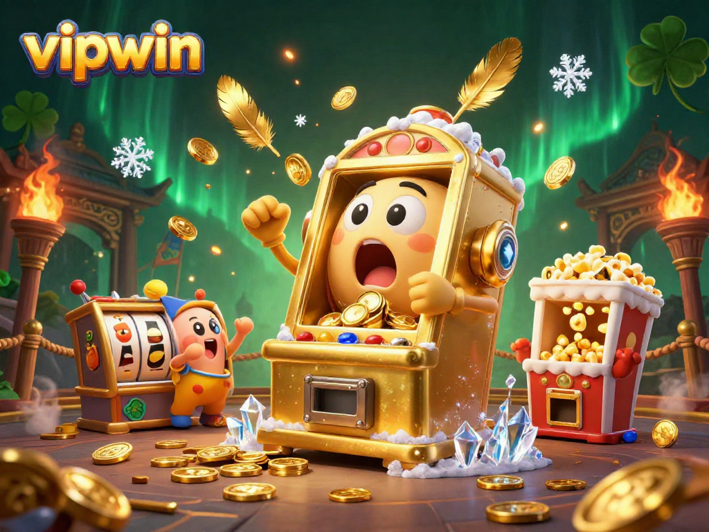 Experience the excitement of vipwin as the slot machine hits the jackpot, bursting with coins and cheering machines.