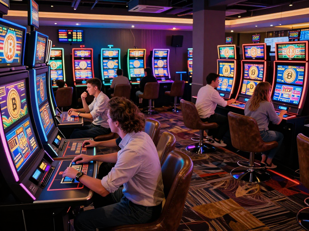 Exciting gaming moment at a crypto casino with players engaging in high-tech slot machines and vibrant atmosphere.