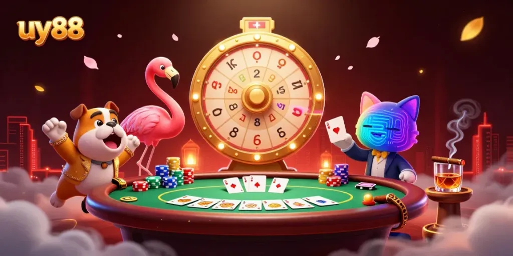 Experience the excitement of uy88 with a vibrant scene featuring a flamingo host, bulldog contestant, and cat assistant at a dynamic casino.
