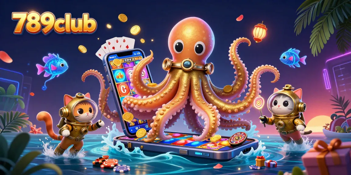 Experience the excitement of 789club with a kraken, diving cat, and slot game in a vibrant underwater scene.