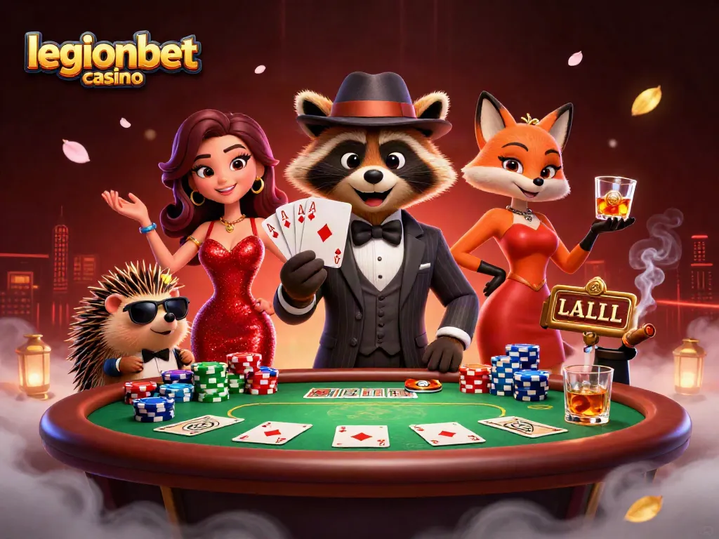Win big at legionbet casino with a royal flush and vibrant casino atmosphere.