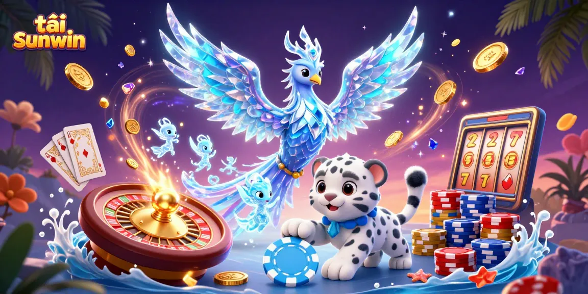 Experience exhilarating gameplay with tải sunwin, where an ice phoenix and snow leopard cub play amidst casino treasures.