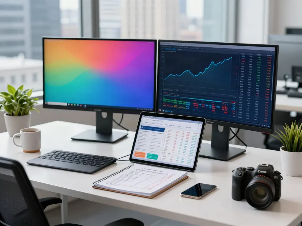 Analyzing stock trends on Yahoo with dual monitors in a modern office.