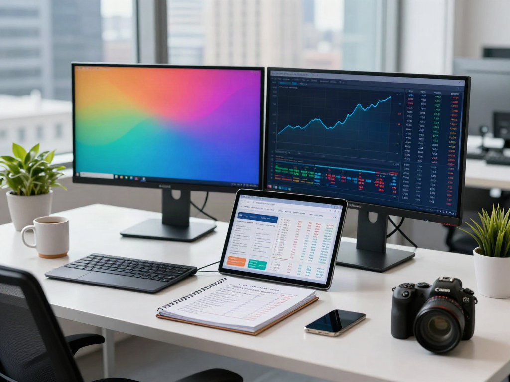 Analyzing stock trends on Yahoo with dual monitors in a modern office.