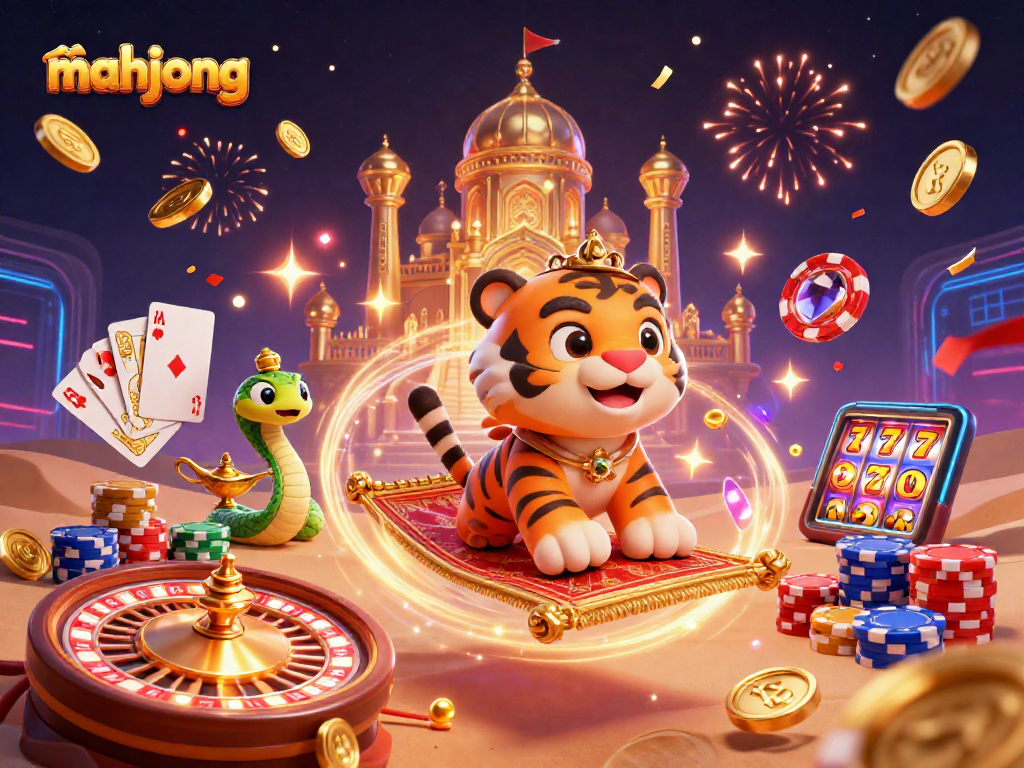 Experience mahjong excitement with a vibrant casino scene featuring colorful slots and gold coins.