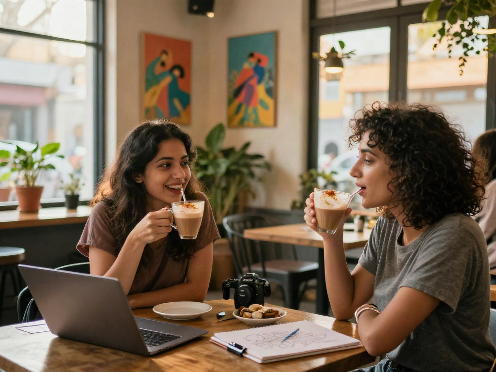 Spicy chat between friends over mugs in a cozy café