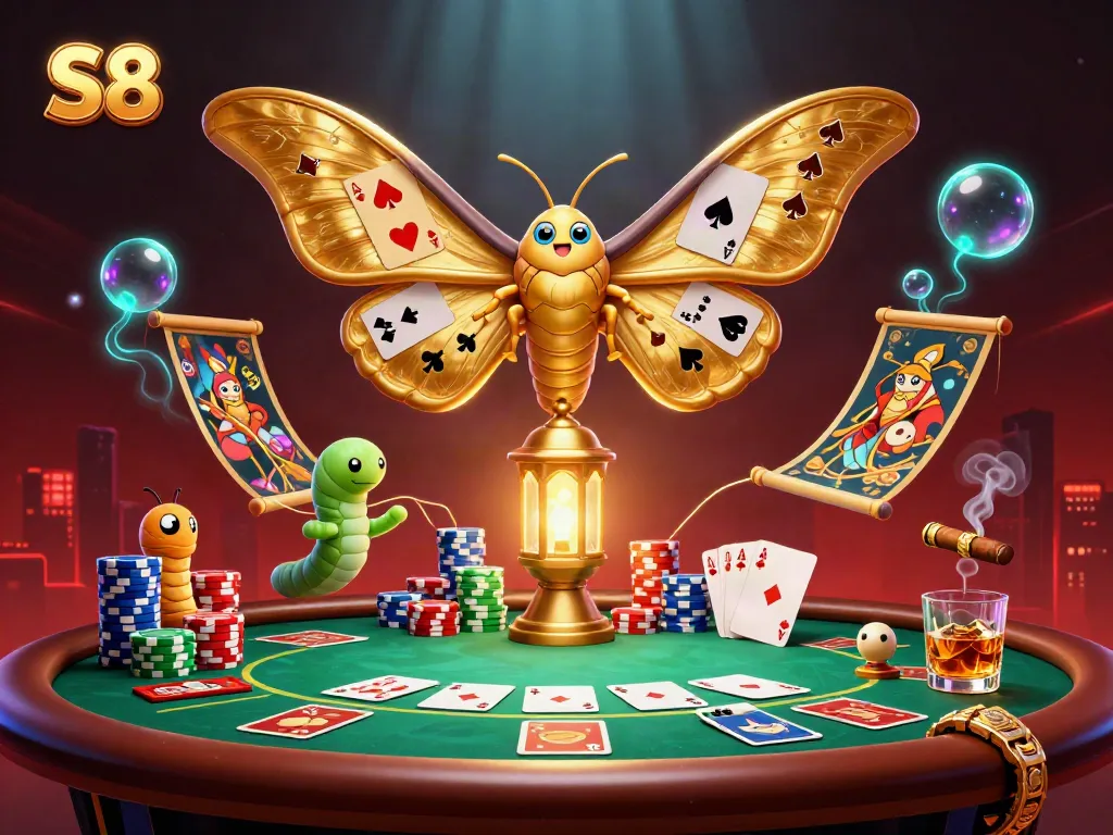 Experience S8 casino excitement with a vibrant 3D illustration of a golden moth betting at a poker table.