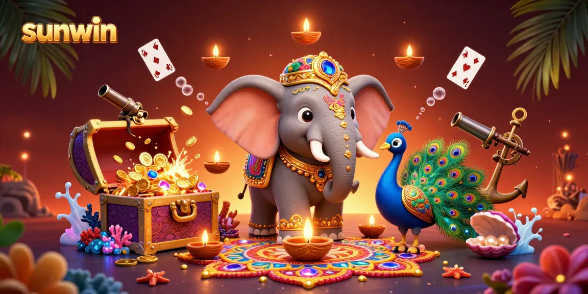 Sunwin players enjoying vibrant online games amidst gold coins and colorful gems.