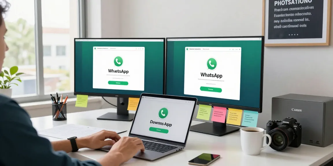 Downloading WhatsApp下載 on a laptop in a vibrant tech workspace, showcasing modern digital connection.