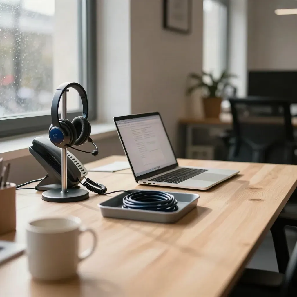 Support desk with headset, phone, laptop and tray by a rain-lit window