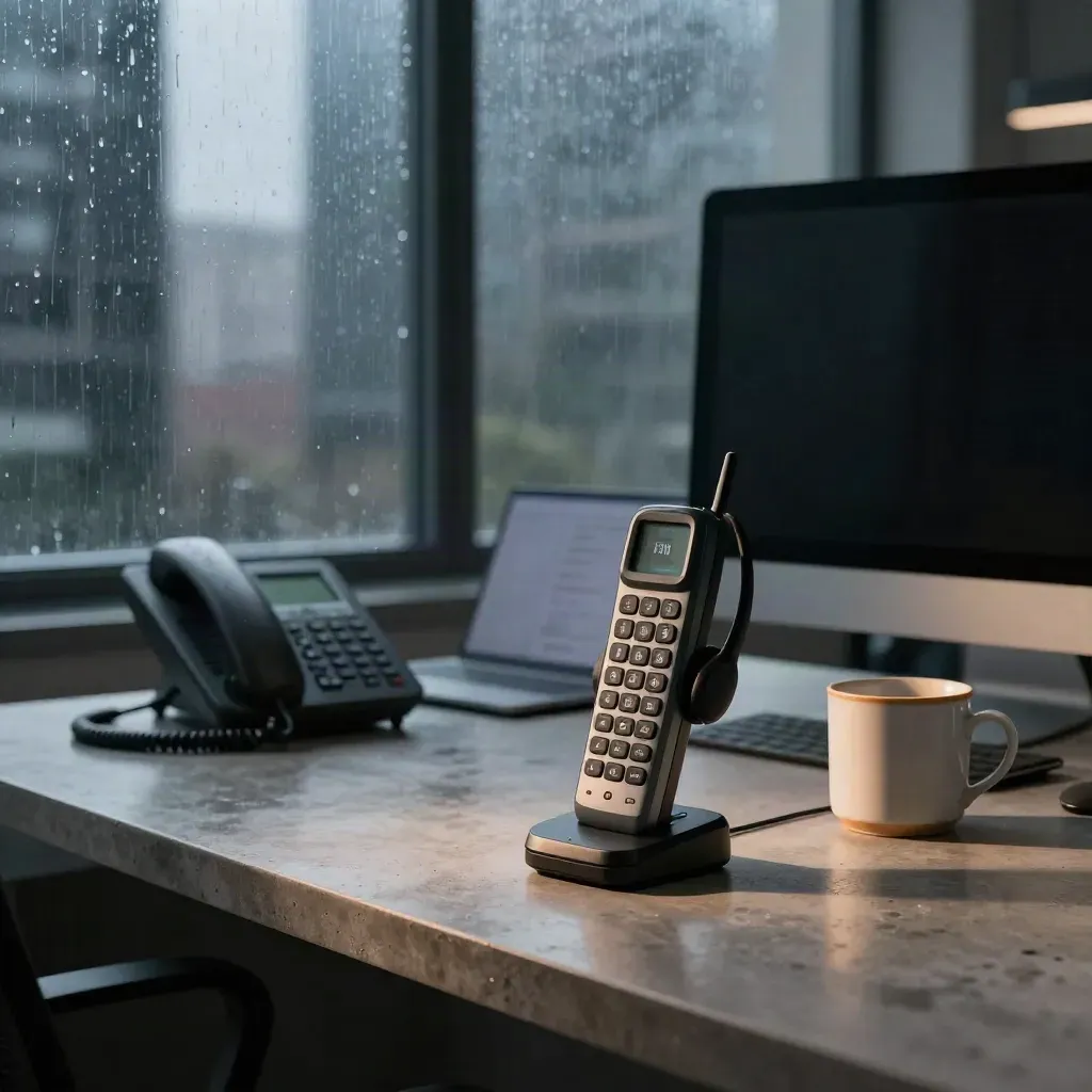 Rain-soaked support desk with headset, phone, laptop glow and mug in a dark office.