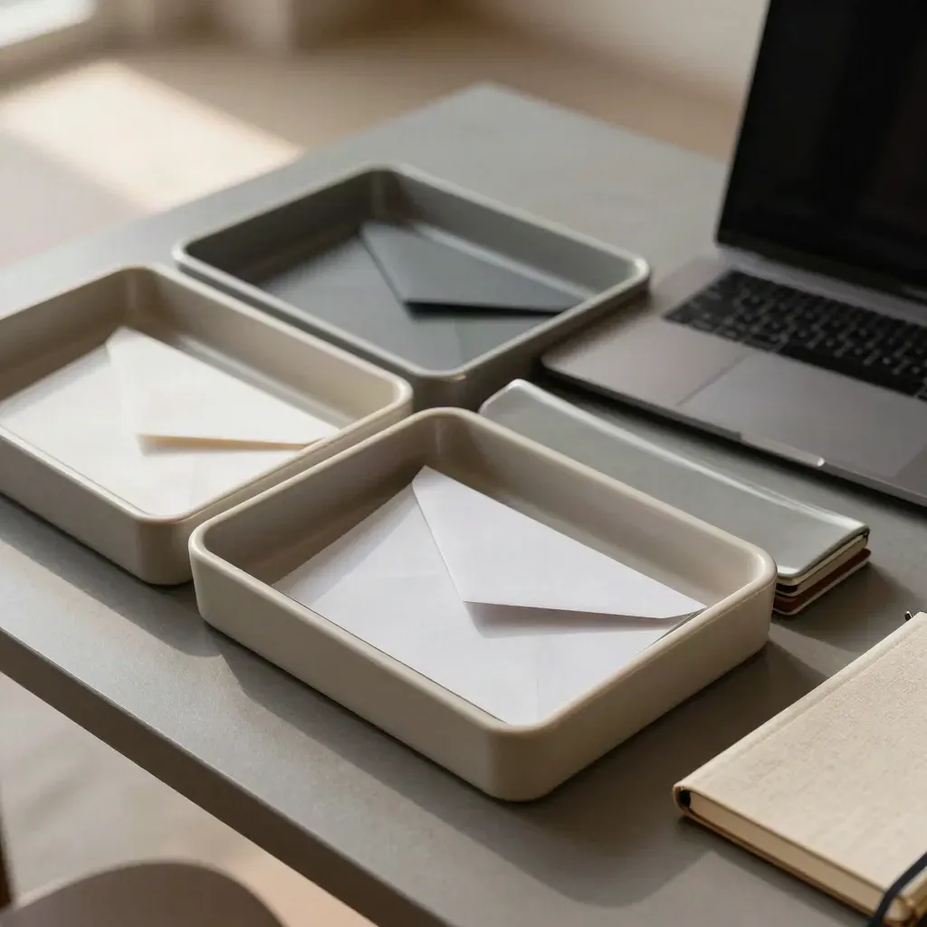 Three inbox trays slide into sorted stacks beside a closed notebook and half-raised laptop on a calm worktop.