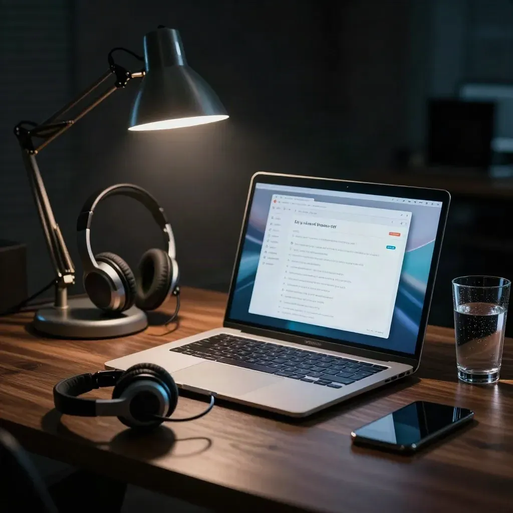 Midnight support desk with closed laptop, turned-away email screen, headset and lamp in blue haze