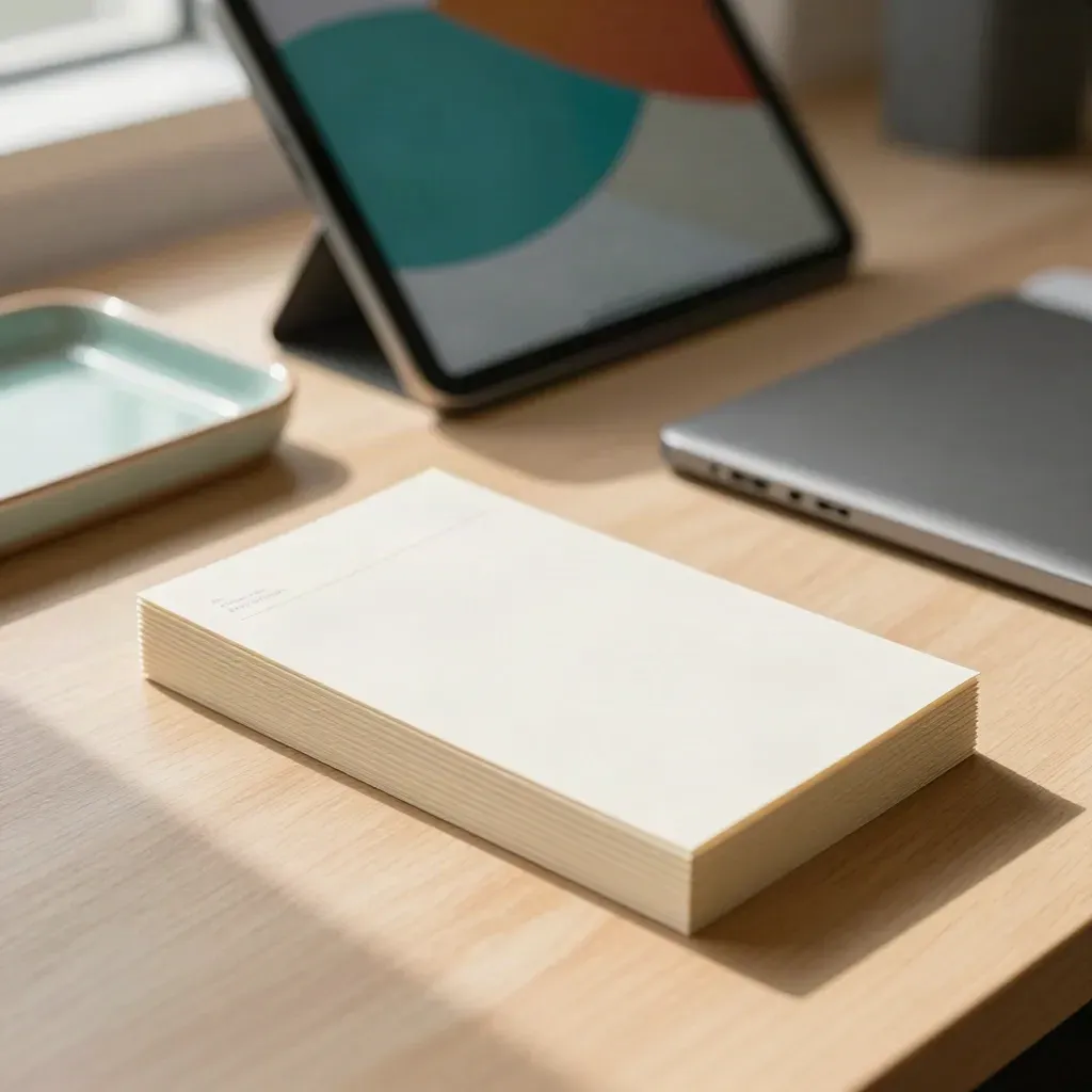 Blank score cards, angled tablet colour blocks, and paper tray on a warm oak feedback desk.
