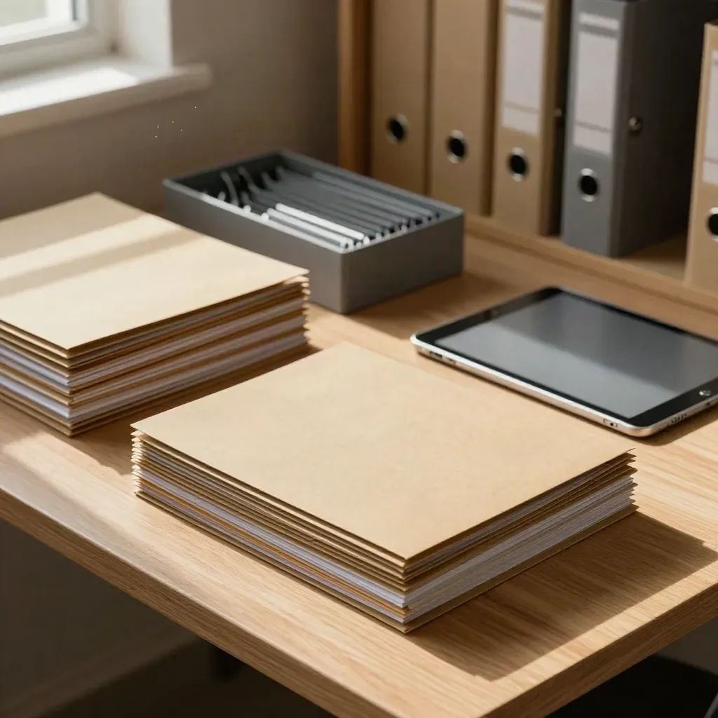 Top-down support desk with tabbed folders, a turned tablet, and binders in warm lamplight.