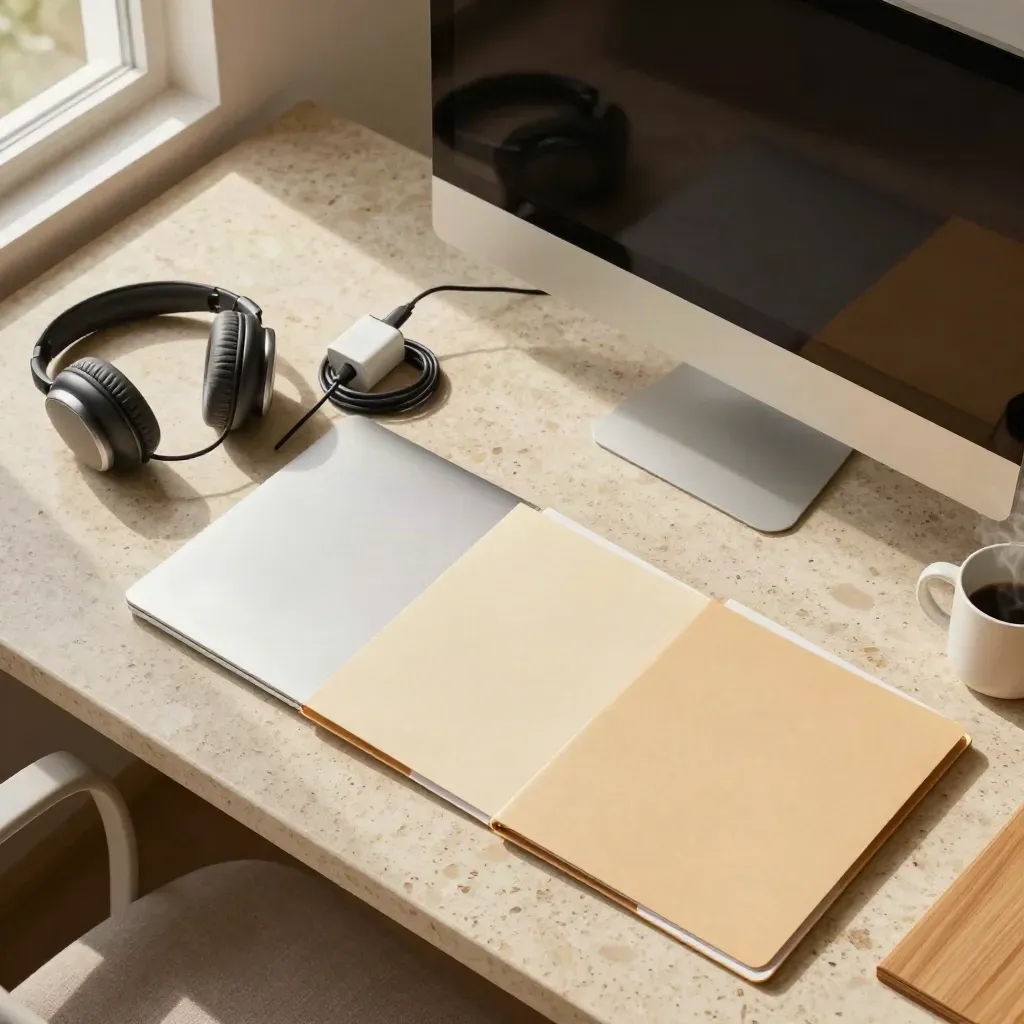 Top-down onboarding kit with laptop, headset, charger, folders and steaming mug on travertine.