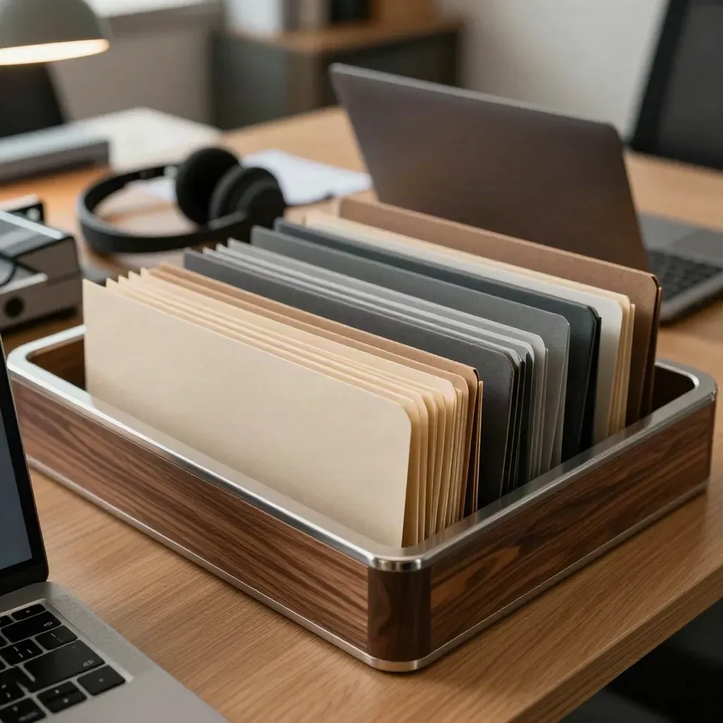 Macro of a support handoff tray with folders, laptop edge and headset cradle in warm office light.