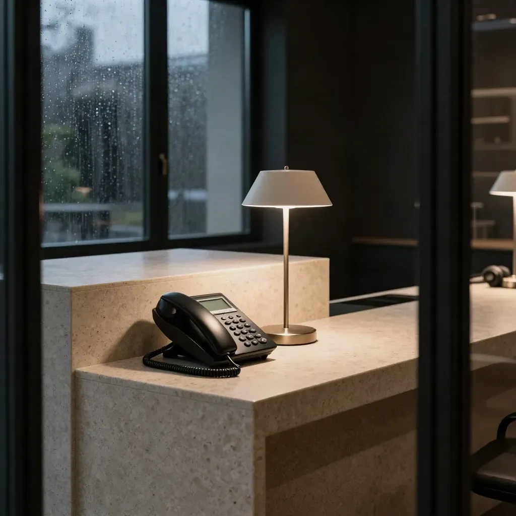 Dark reception desk with phone, headset cradle, lamps, and rain on the window.