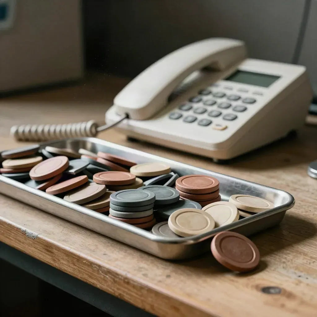 Dark ops room workbench with queue tokens, a white desk phone, and three trays in a diagonal.