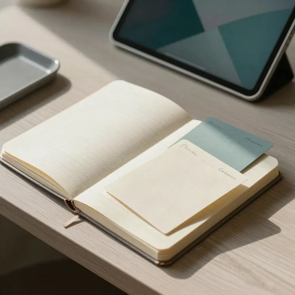 Top-down CSAT digest scene with feedback cards, a notebook and a tablet on a calm desk.