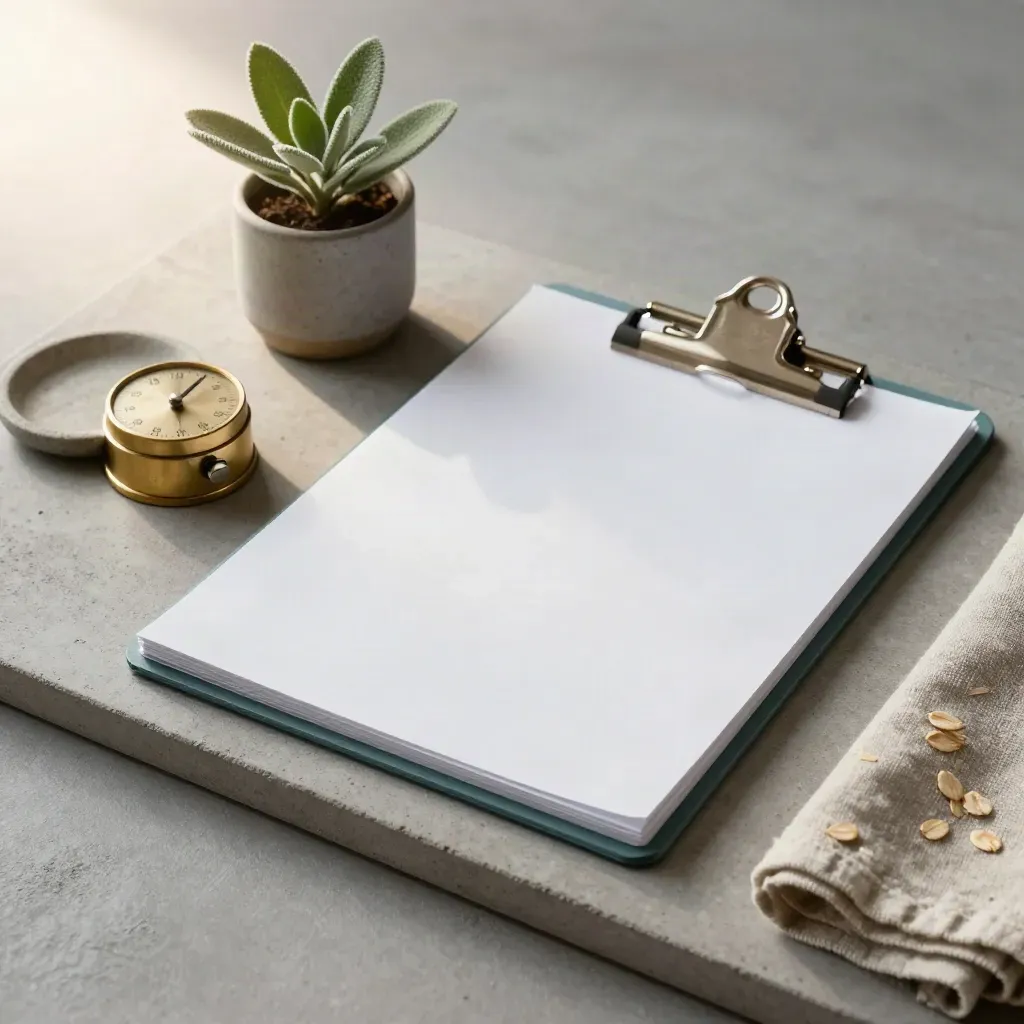 Brass timer with stacked clipboards, plant, dish and linen on a concrete tray.