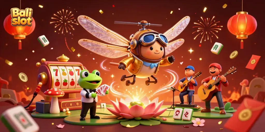 Experience thrilling gameplay with Bali slot in this vibrant casino illustration featuring a lucky dragonfly pilot.