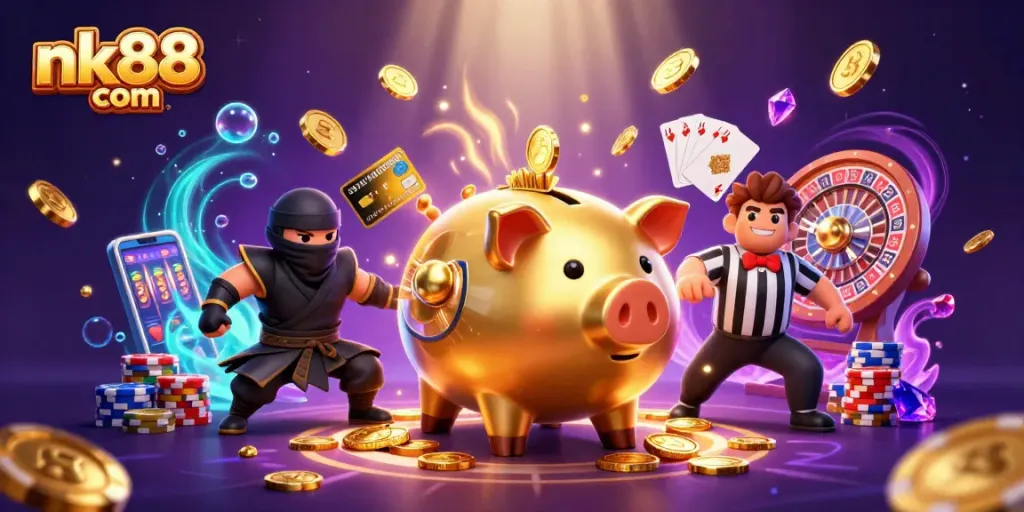 Win big at nk88 com with thrilling casino games, featuring epic character interactions and dazzling gold coins.