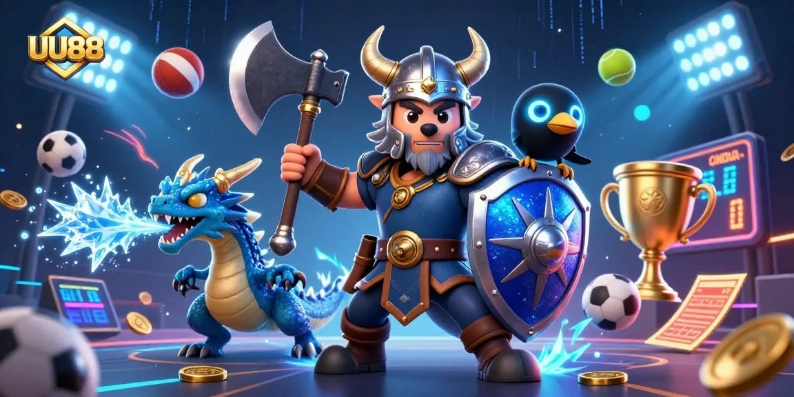 Experience the thrilling action at UU88 with a Viking wolf warrior amidst dynamic gambling elements.