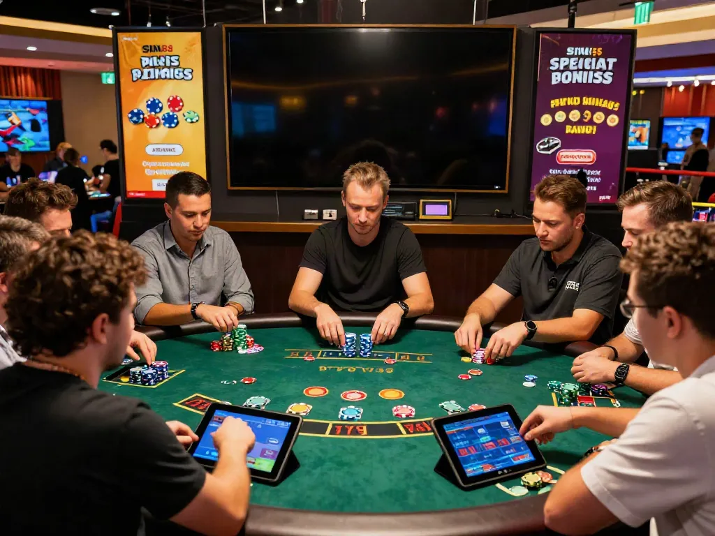 Casino players engaging in live dealer games at SIN88, lively atmosphere with gaming chips and promotional displays.