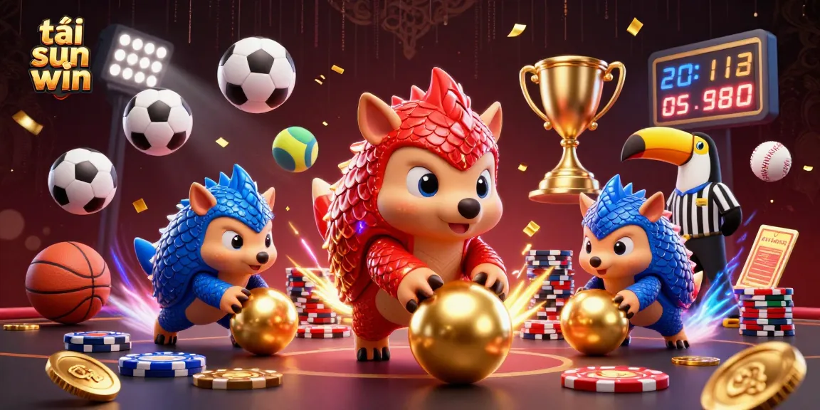 Experience excitement and strategy in sports betting with tải sun win, featuring vibrant pangolins bowling through poker chips.