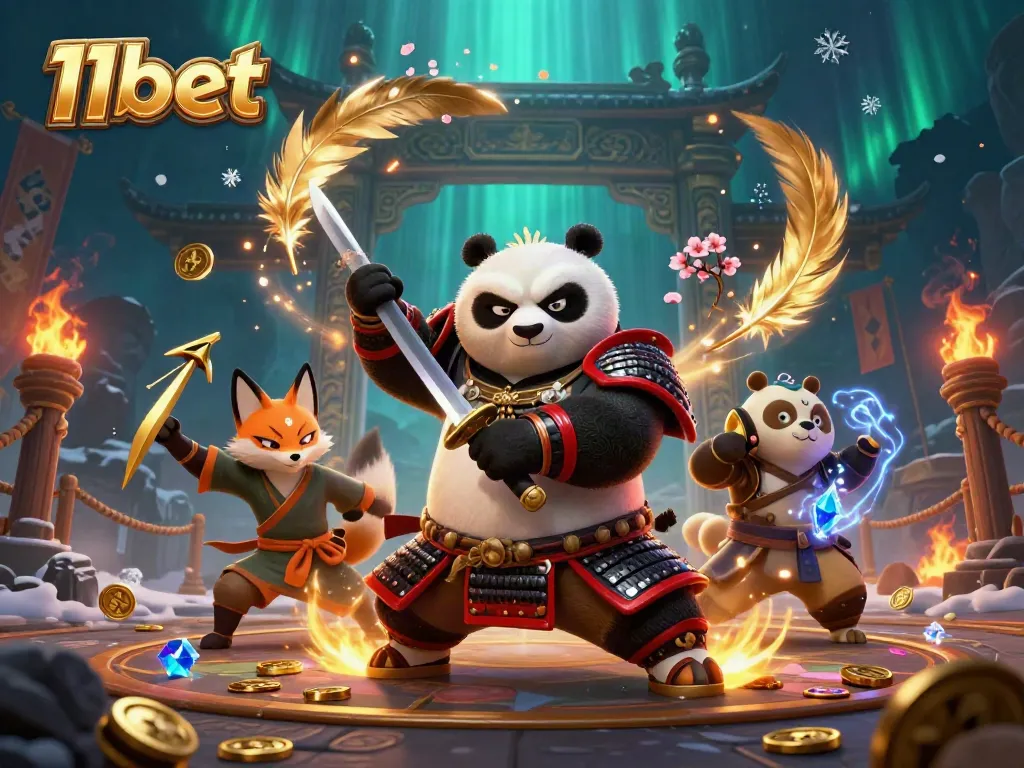 Experience dynamic gaming with 11bet's colorful, action-packed casino scene featuring animated samurai panda and companions.
