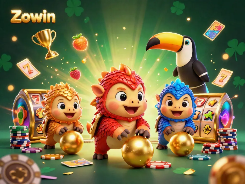 Zowin rivals roll into golden balls while bowling through poker chips at a vibrant casino.
