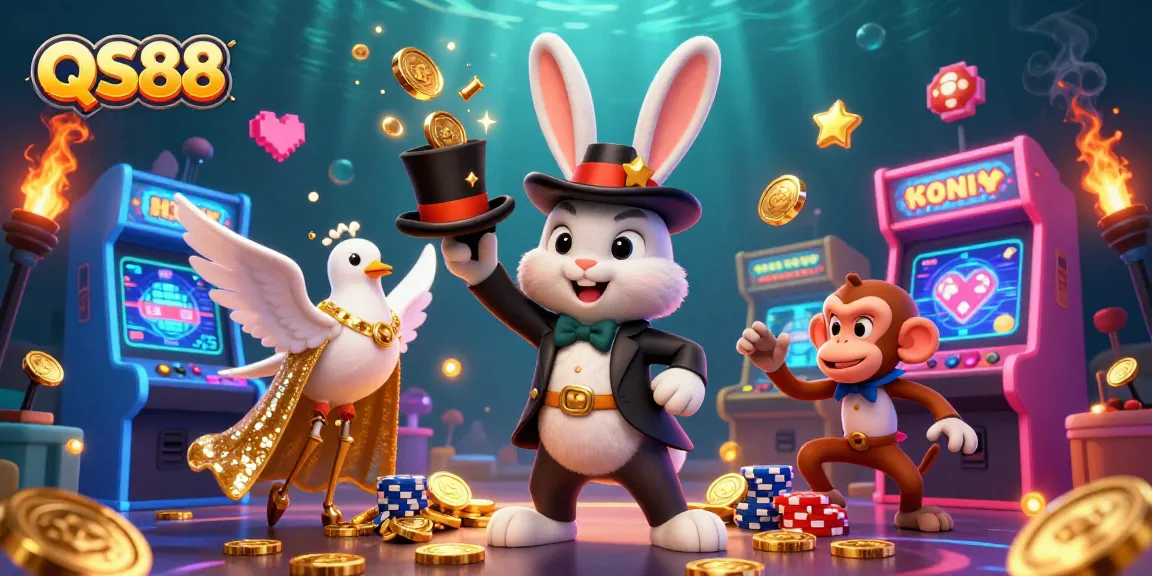 Engage with QS88's thrilling casino landscape featuring a magician, dove, and monkey in a vibrant setting.