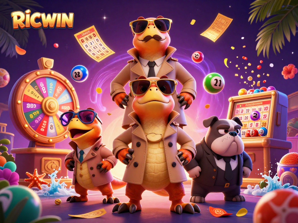 Experience the excitement of RICWIN as raptors sneak into a VIP casino lounge with colorful lottery elements.