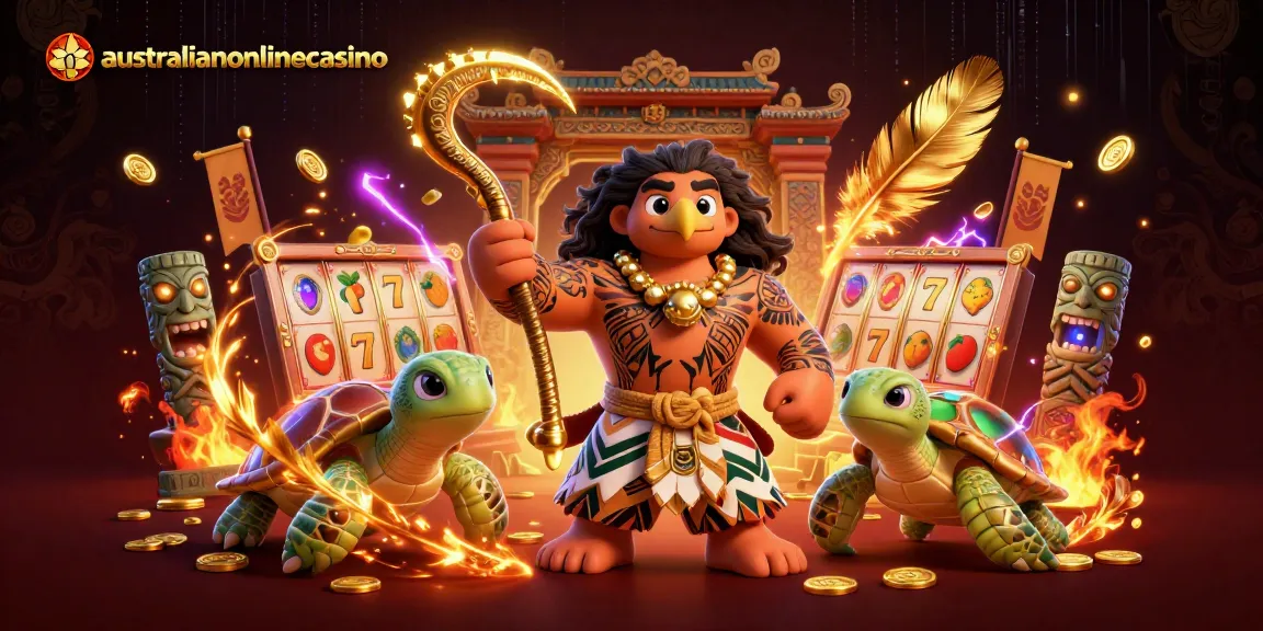 AustralianOnlineCasino showcases a vibrant 3D illustration of a demigod hawk and turtle amid slot reels and glowing tiki statues.